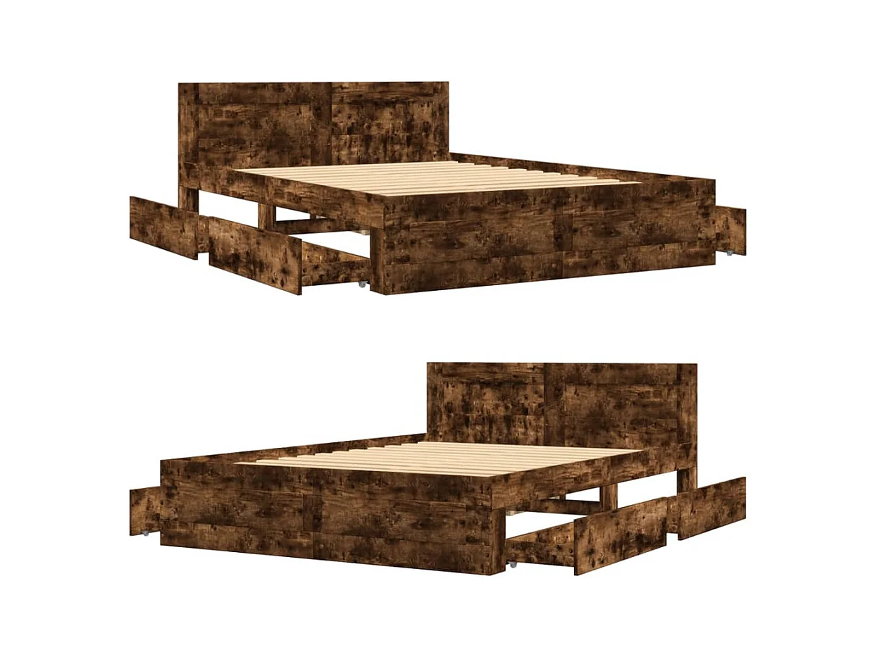 Bedframe met hoofdeinde bewerkt hout gerookt eiken 140x200 cm