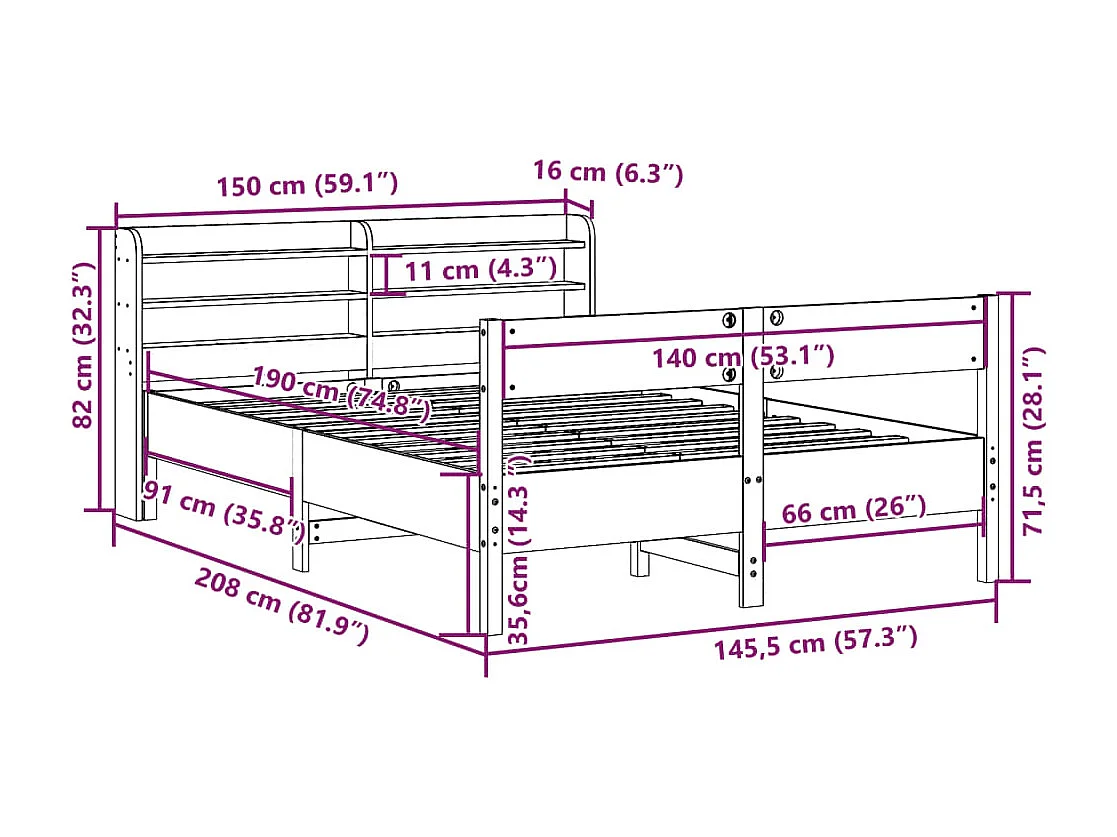 Bedframe zonder matras massief grenenhout wit 140x190 cm