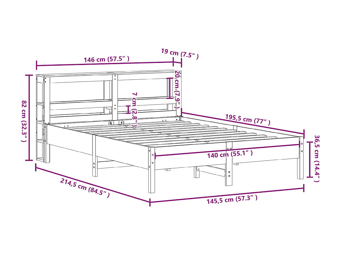 Estructura de cama sin colchón madera maciza de pino 140x190 cm