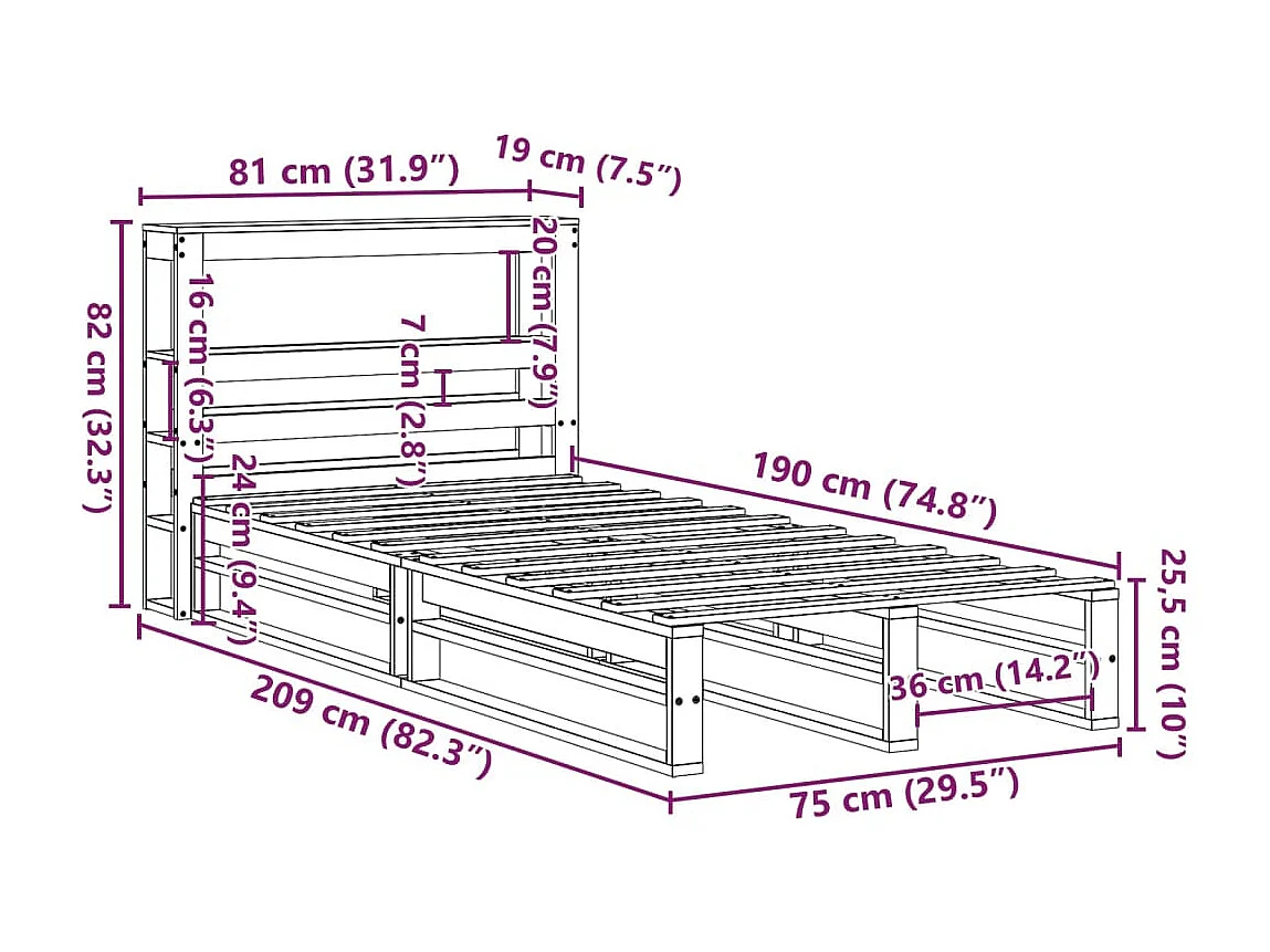 Cama sem colchão 75x190 cm madeira de pinho maciça castanho-mel