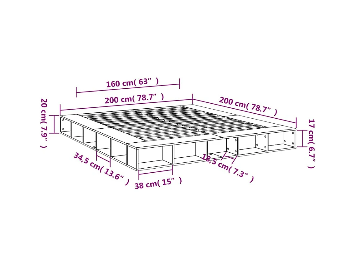 Bedframe massief hout wit 200x200 cm