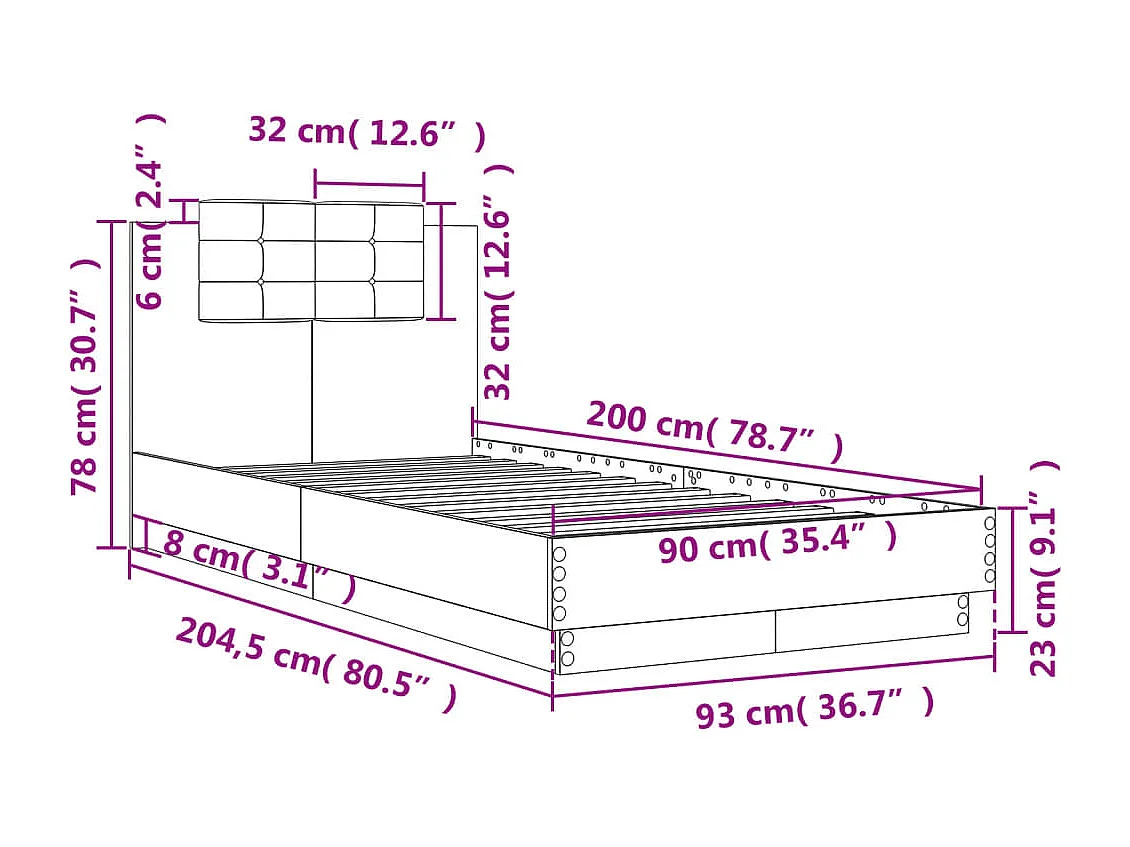 Giroletto con Testiera Rovere Fumo 90x200 cm Legno Multistrato