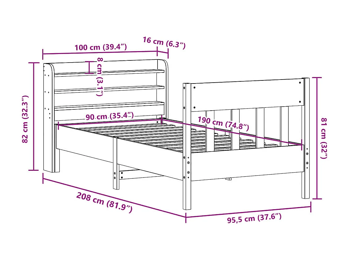 Cama sem colchão 140x190 cm pinho maciço castanho-mel