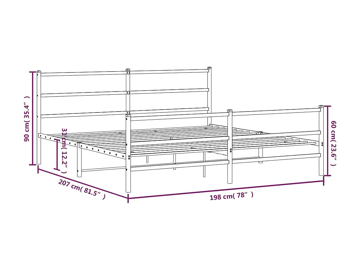 Cadre de lit métal sans matelas avec pied de lit noir 193x203cm