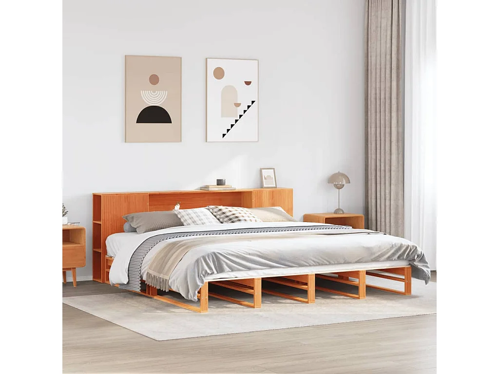 Lit bibliothèque sans matelas cire marron 180x200cm bois massif