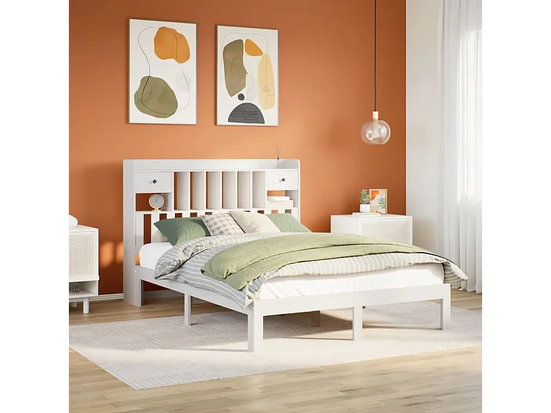 Cama com estante sem colchão 140x190 cm pinho maciço branco