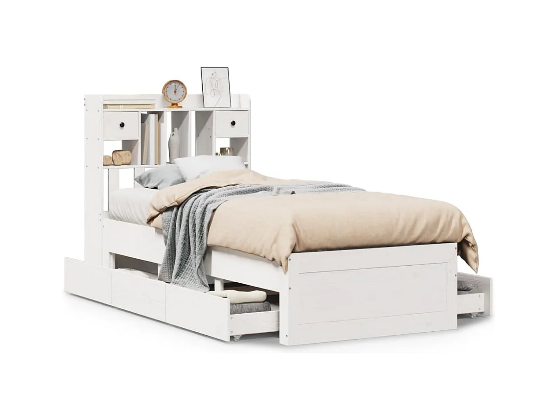 Lit bibliothèque sans matelas blanc 90x200cm bois de pin massif