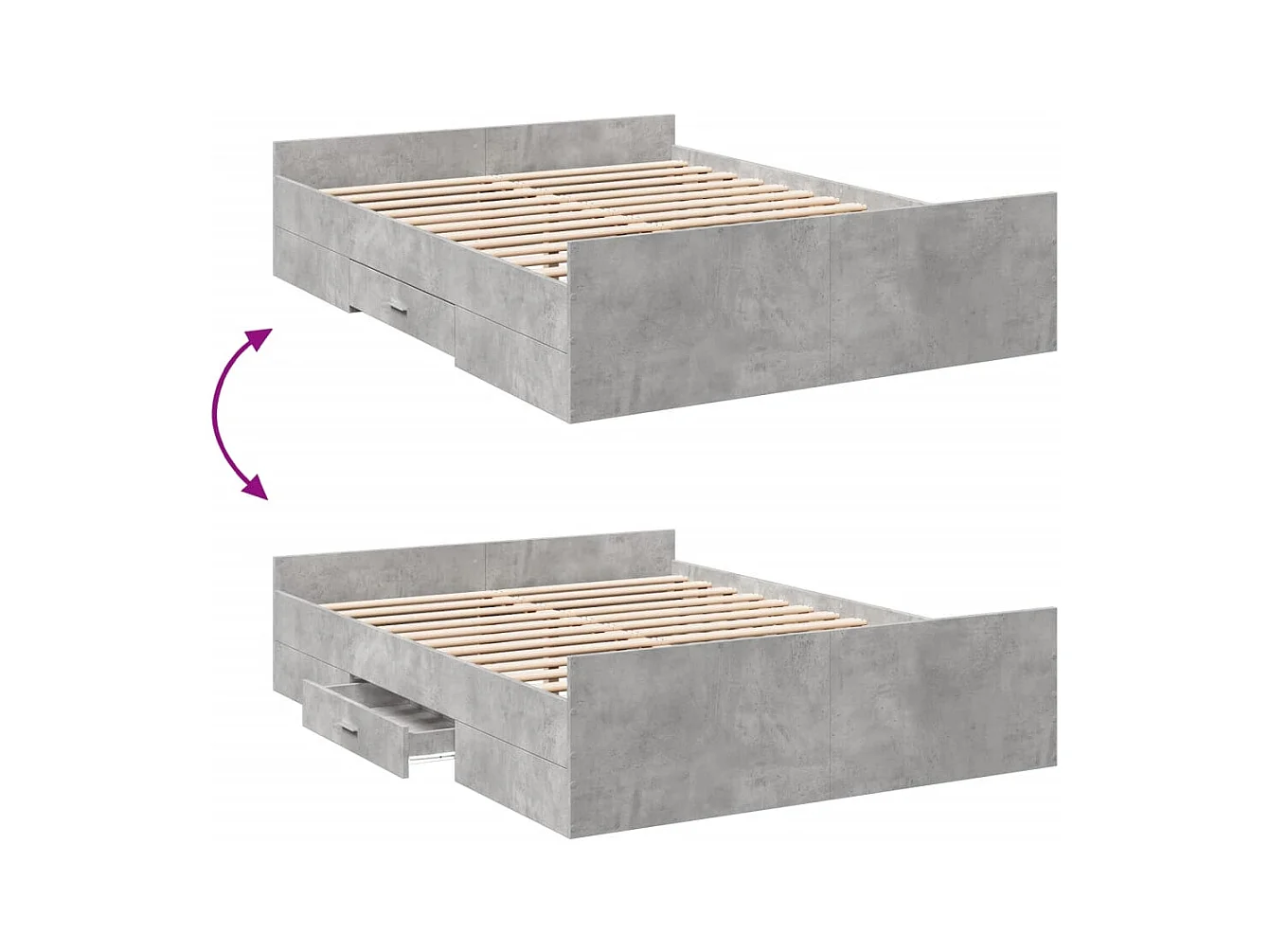 Cadre de lit avec tiroirs sans matelas gris béton 120x200 cm