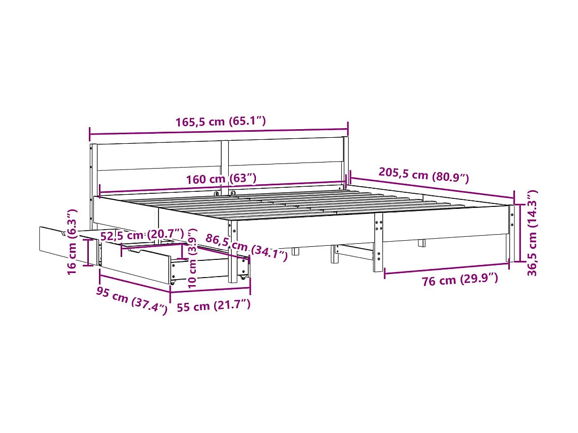 Cadre de lit sans matelas 160x200 cm bois massif de pin