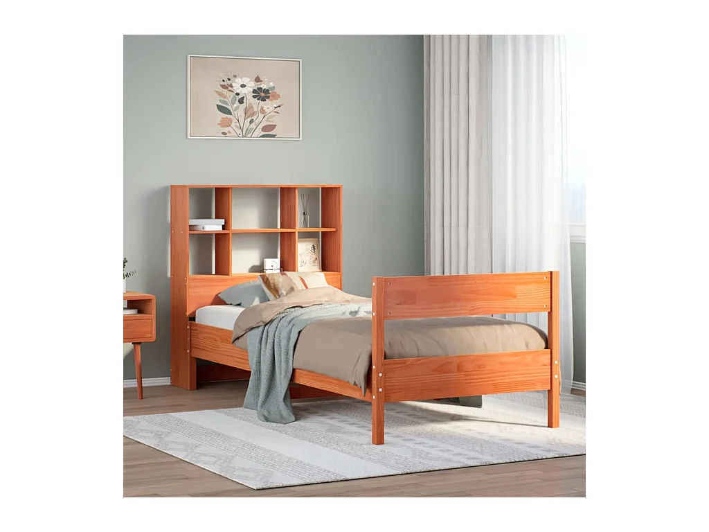 Cama c/ estante sem colchão 100x200cm pinho maciço castanho-mel
