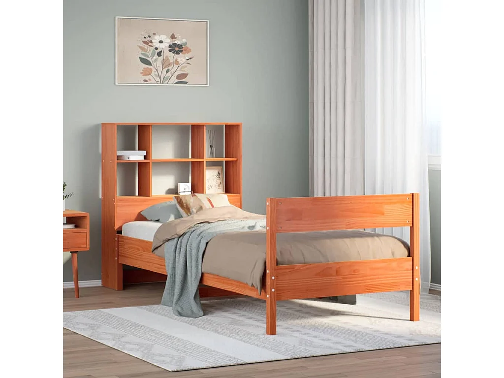 Lit bibliothèque sans matelas cire marron 100x200 cm pin massif