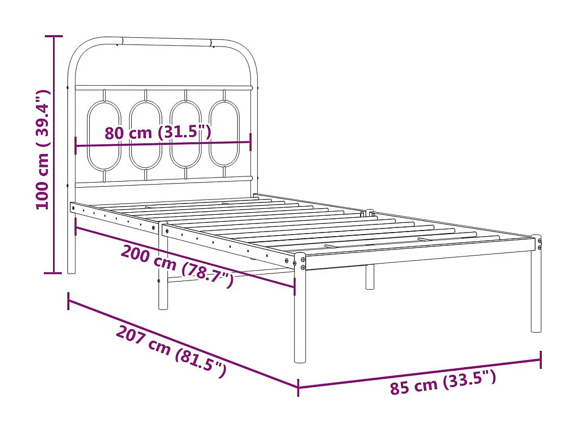 Bedframe met hoofdbord metaal zwart 80x200 cm