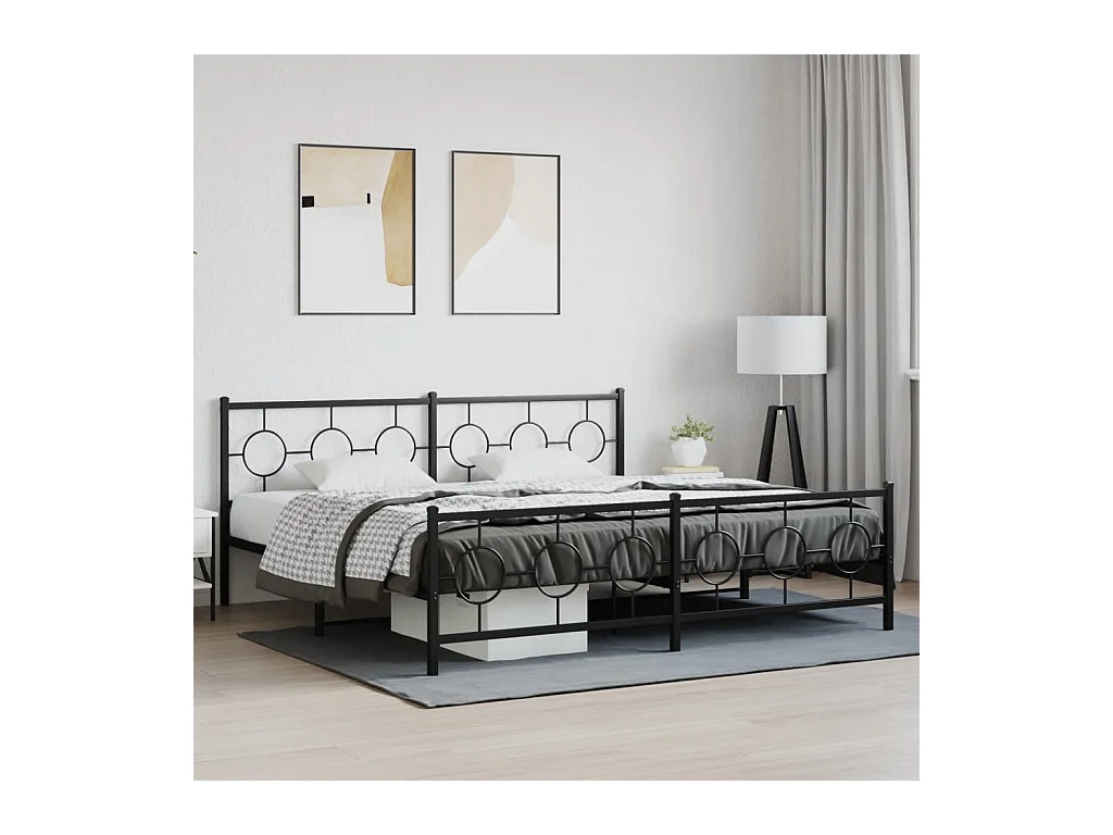 Cadre de lit métal sans matelas avec pied de lit noir 193x203cm