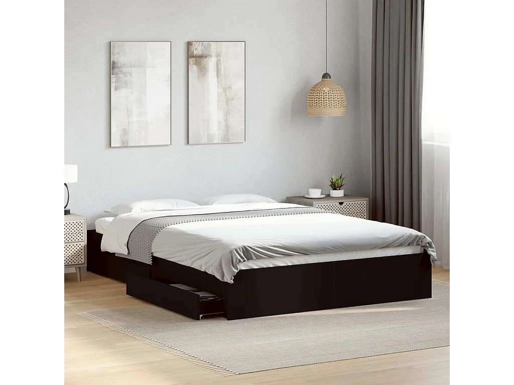 Cadre de lit avec tiroirs sans matelas noir 150x200 cm