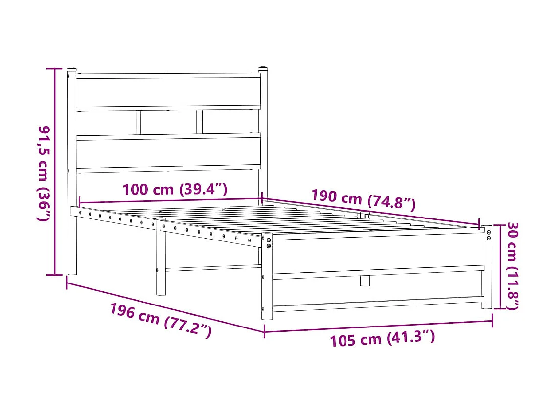 Cadre de lit en métal sans matelas chêne marron 100x190 cm