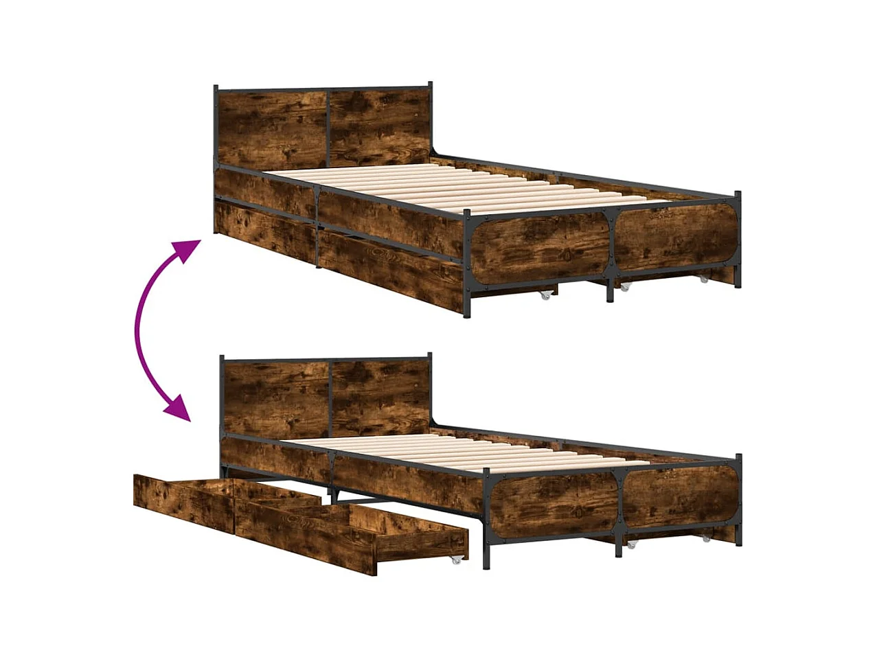 Cadre de lit avec tiroirs sans matelas chêne fumé 75x190 cm