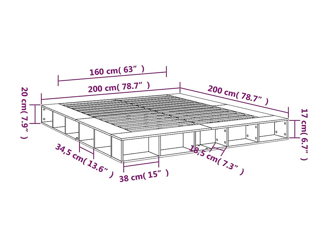 Cadre de lit sans matelas gris béton 200x200 cm