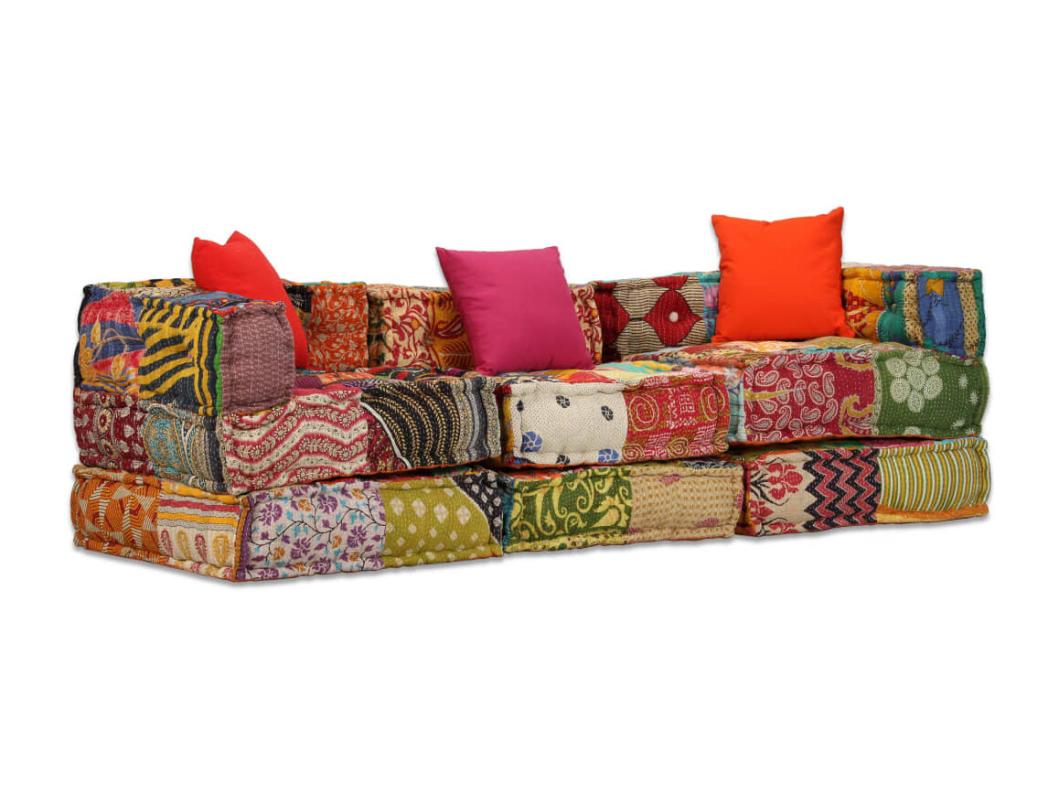 Pouf Modulare a 3 Posti in Tessuto Patchwork