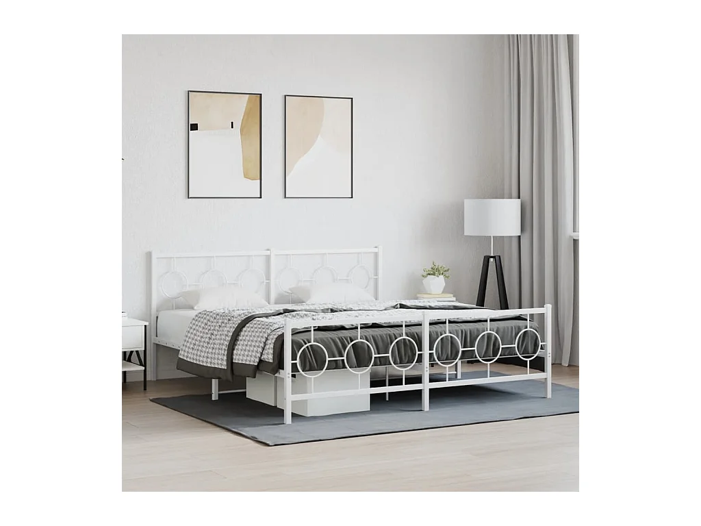 Cadre de lit métal sans matelas et pied de lit blanc 180x200 cm