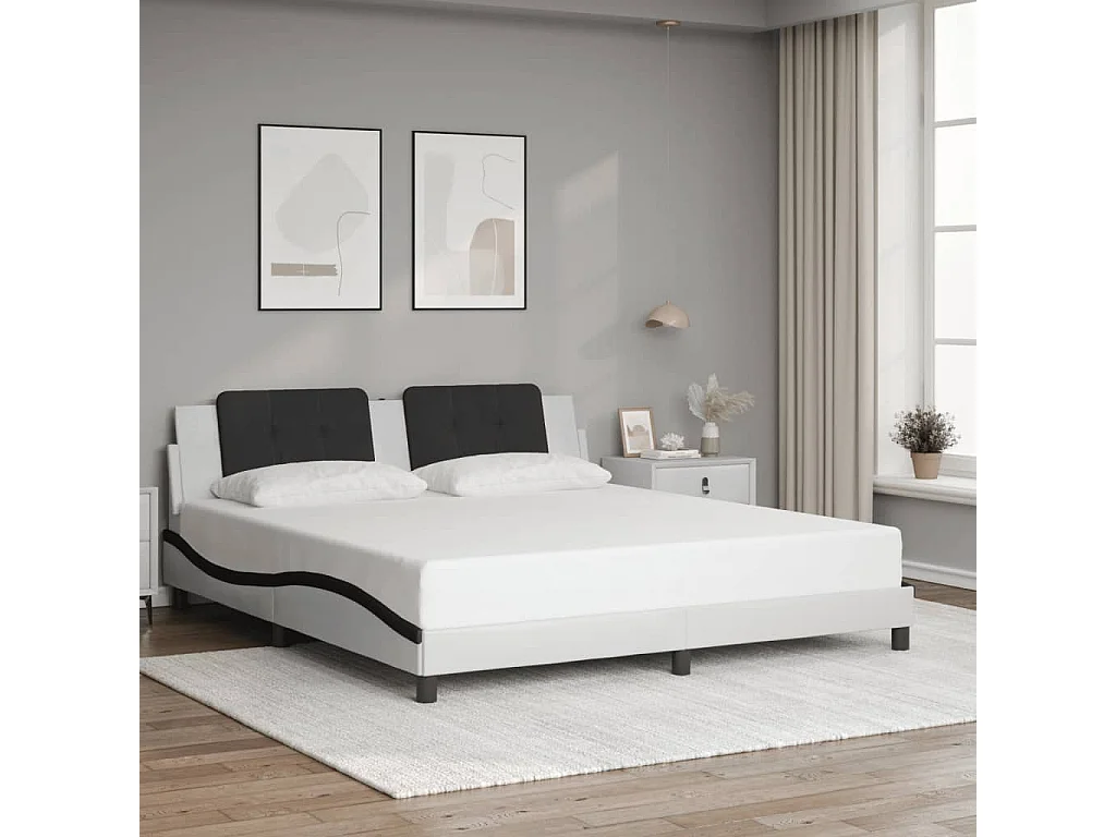 Estrutura de cama c/ cabeceira couro artificial branco e preto