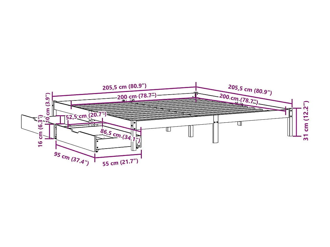 Cadre de lit sans matelas blanc 200x200 cm bois massif de pin