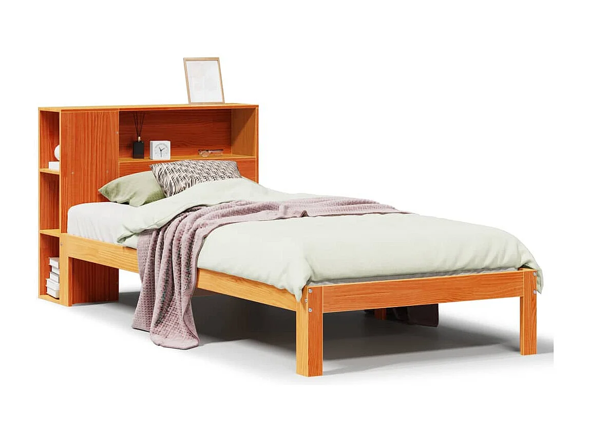 Lit bibliothèque sans matelas cire marron 90x200 cm pin massif