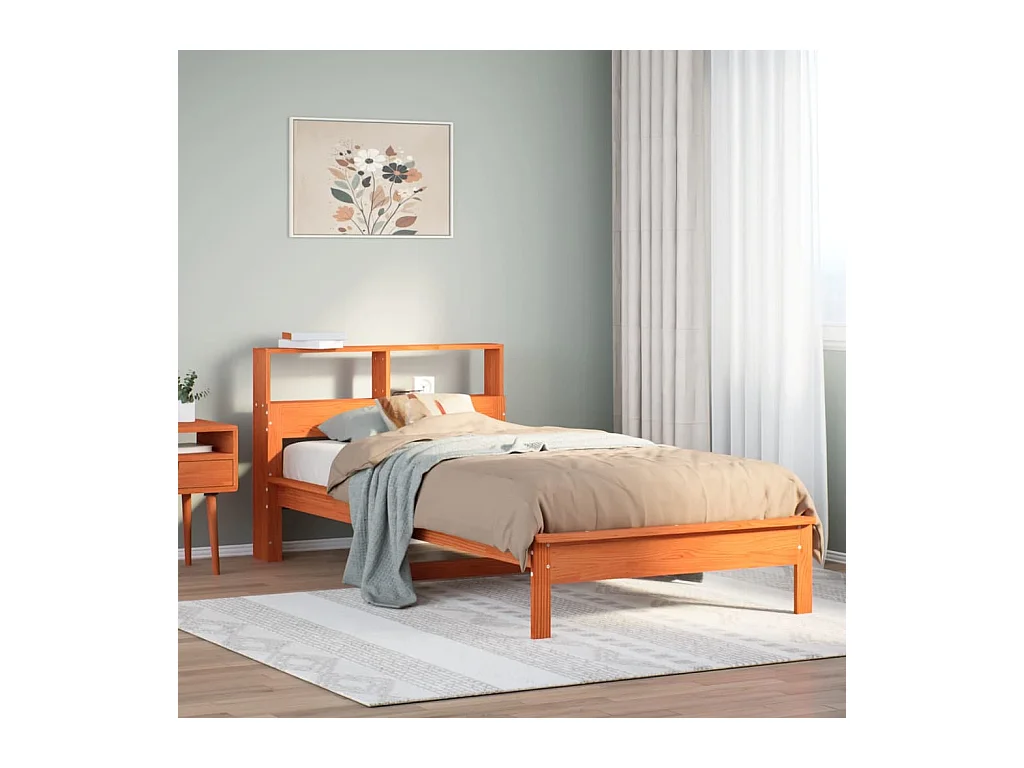 Bed met boekenkast zonder matras grenenhout wasbruin 75x190 cm