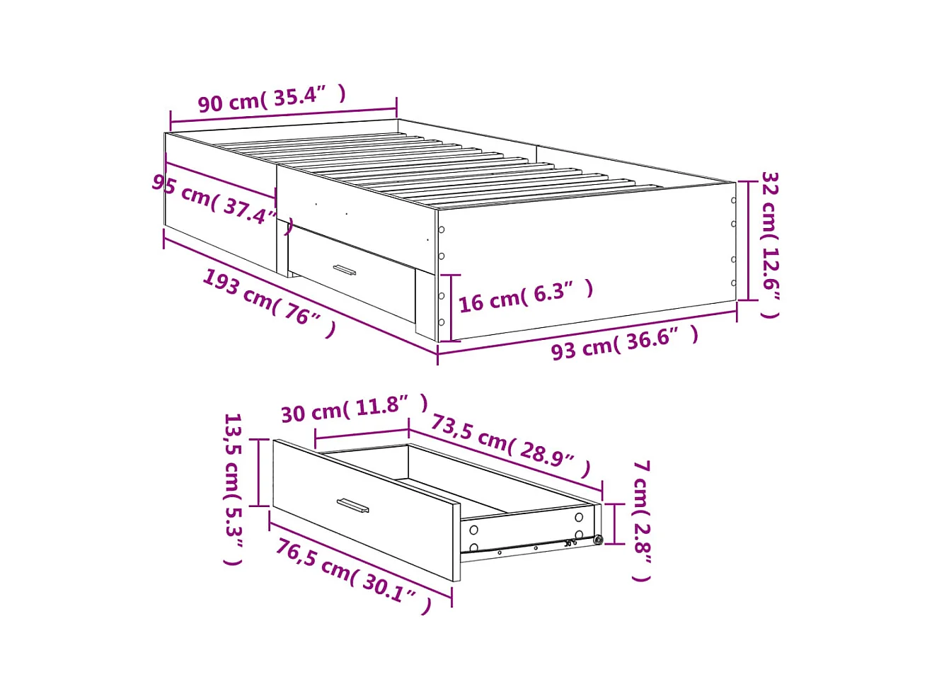Cadre de lit avec tiroirs sans matelas gris béton 90x190 cm