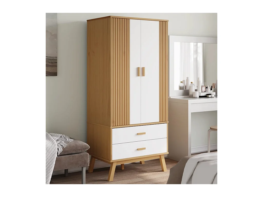 Garde-robe OLDEN blanc et marron 76,5x53x172 cm bois massif pin