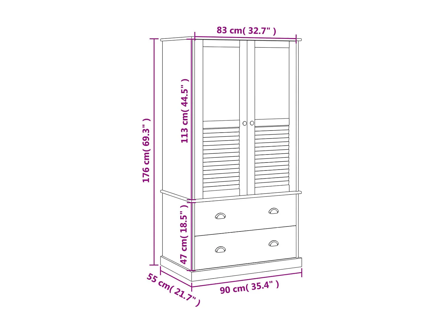 VIGO weißer Kleiderschrank 90x55x176 cm aus massivem Kiefernholz