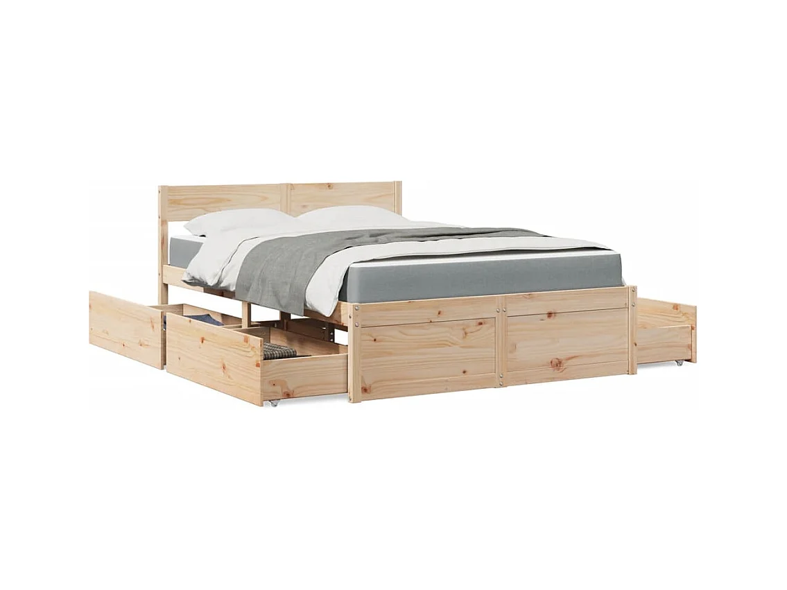 Letto con Cassetti e Materasso 120x190 cm Legno Massello Pino