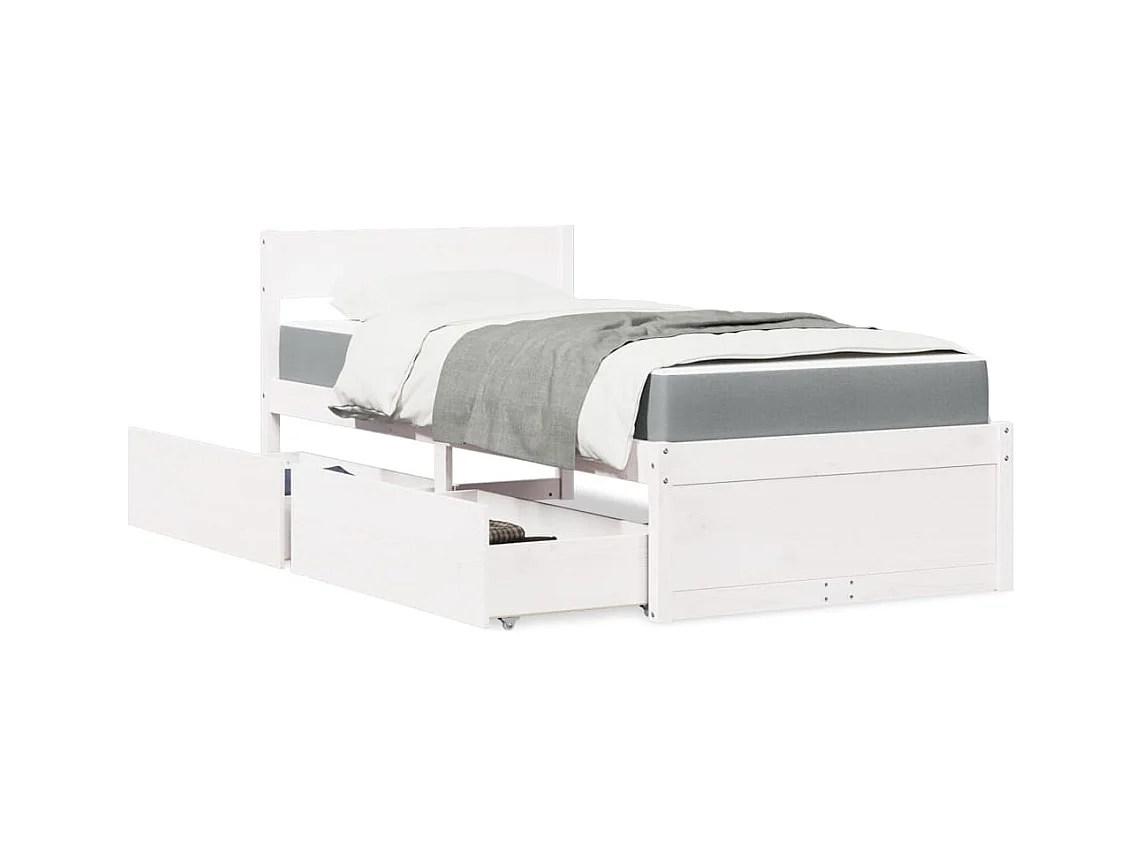 Lit avec tiroirs et matelas blanc 90x200 cm bois massif de pin
