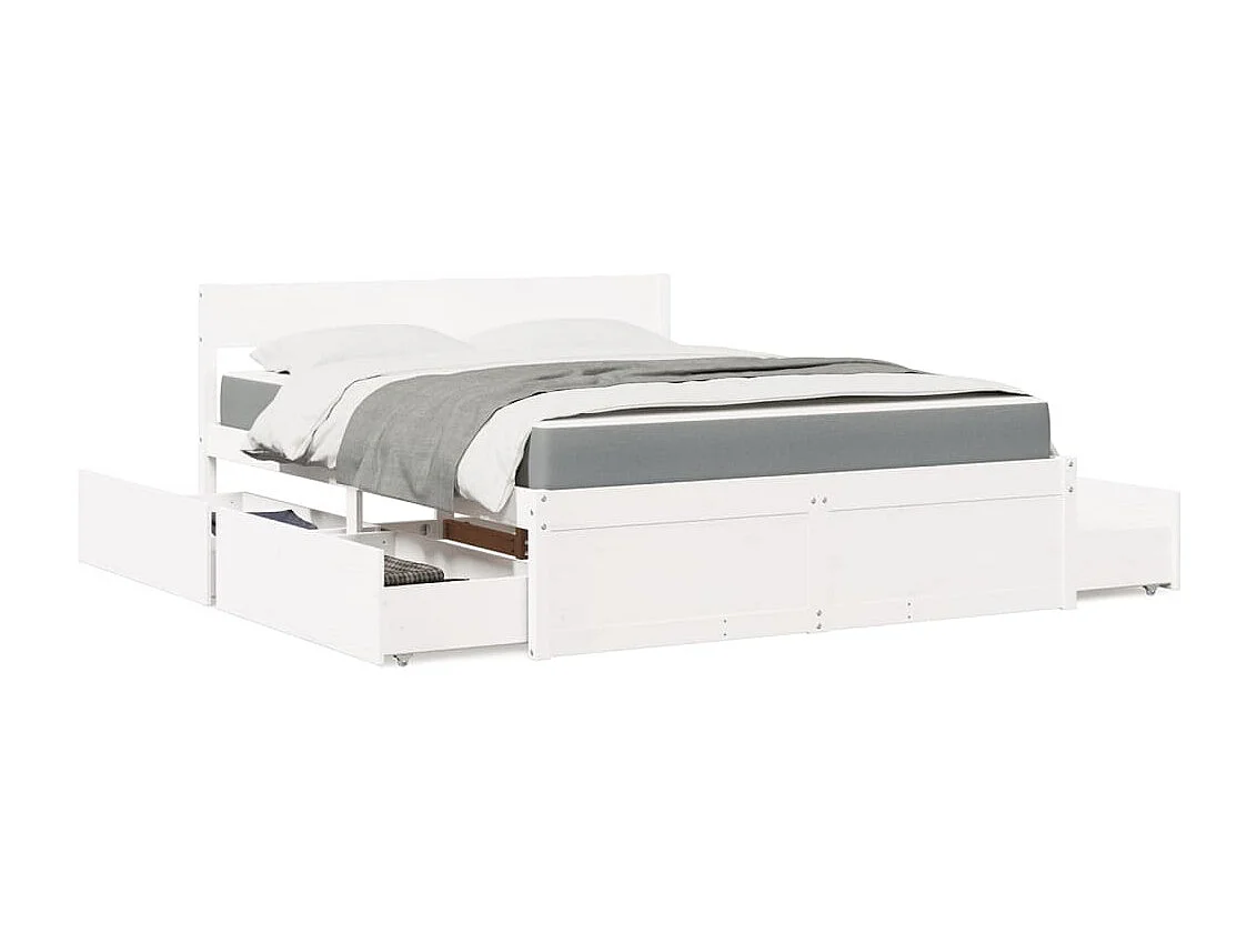 Letto Cassetti e Materasso Bianco 160x200cm Legno Massello Pino