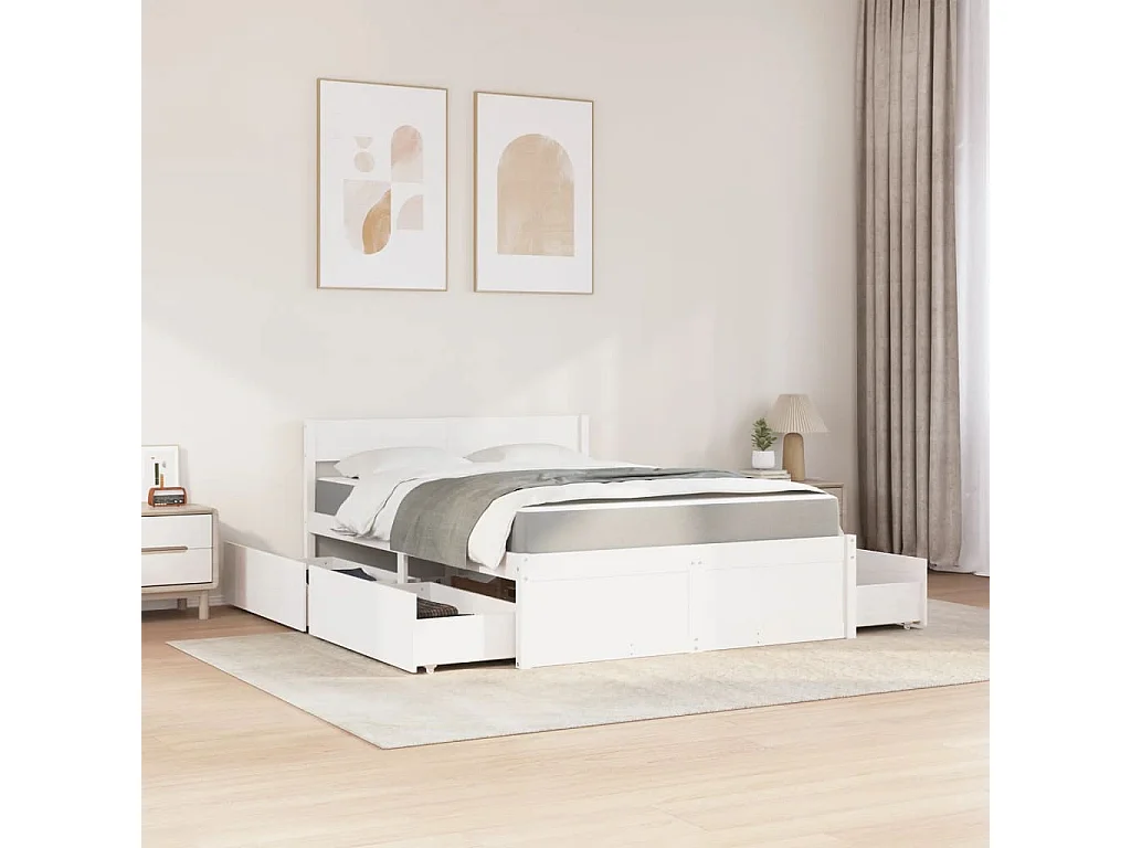 Lit avec tiroirs et matelas blanc 140x190 cm bois massif de pin