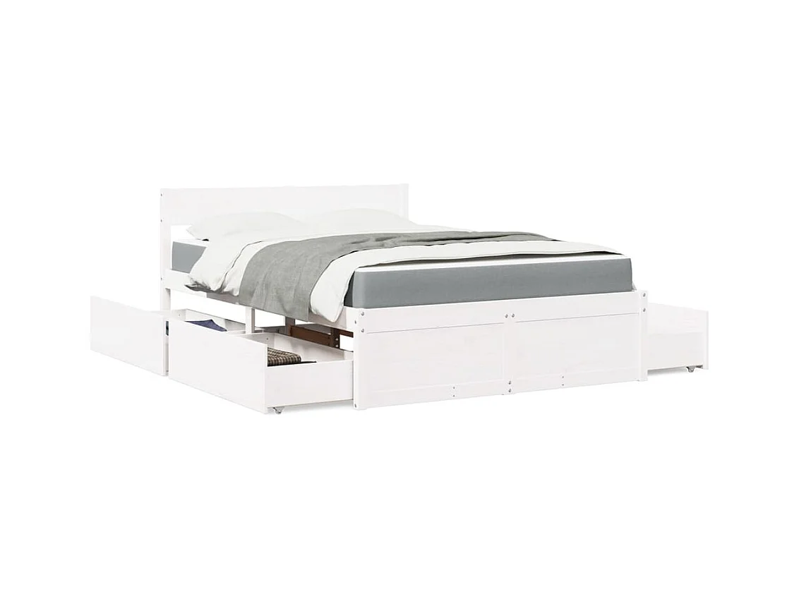 Lit avec tiroirs et matelas blanc 140x190 cm bois massif de pin