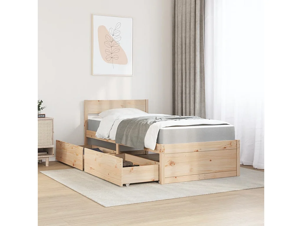 Lit avec tiroirs et matelas 90x190 cm bois massif de pin