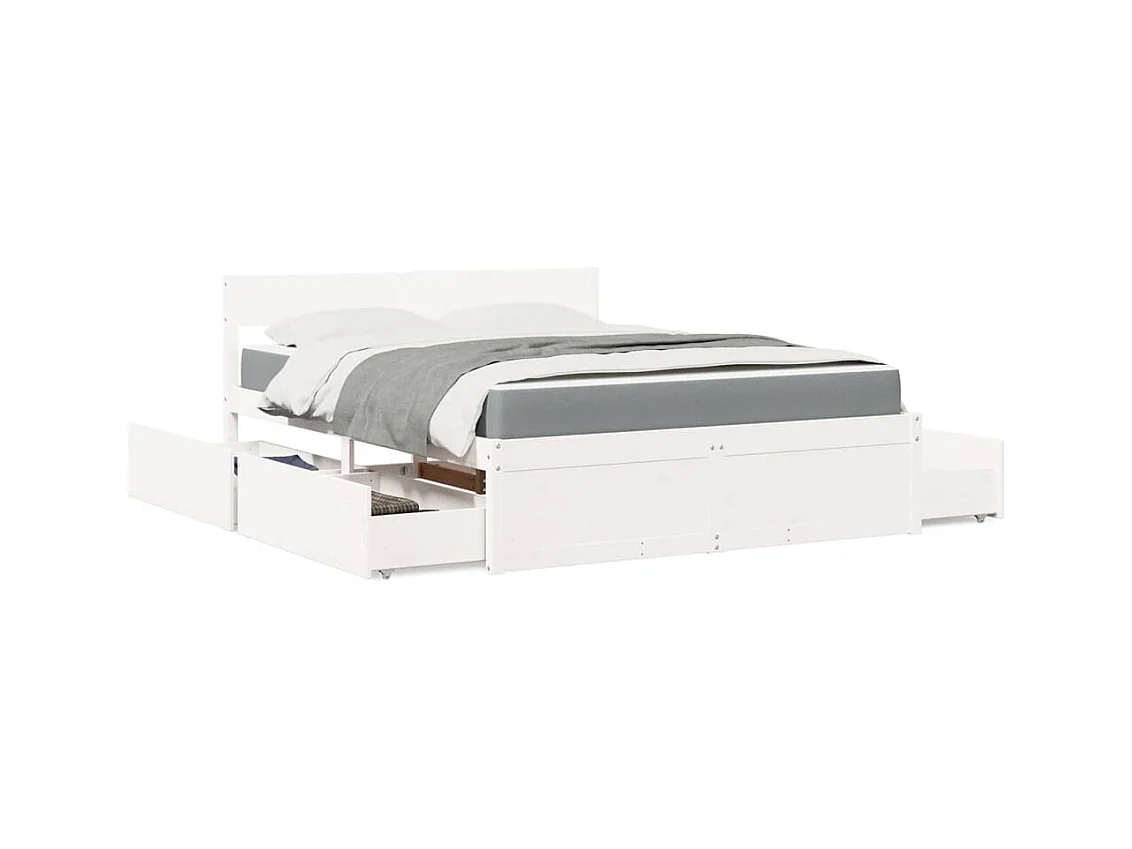 Lit avec tiroirs et matelas blanc 140x200 cm bois massif de pin