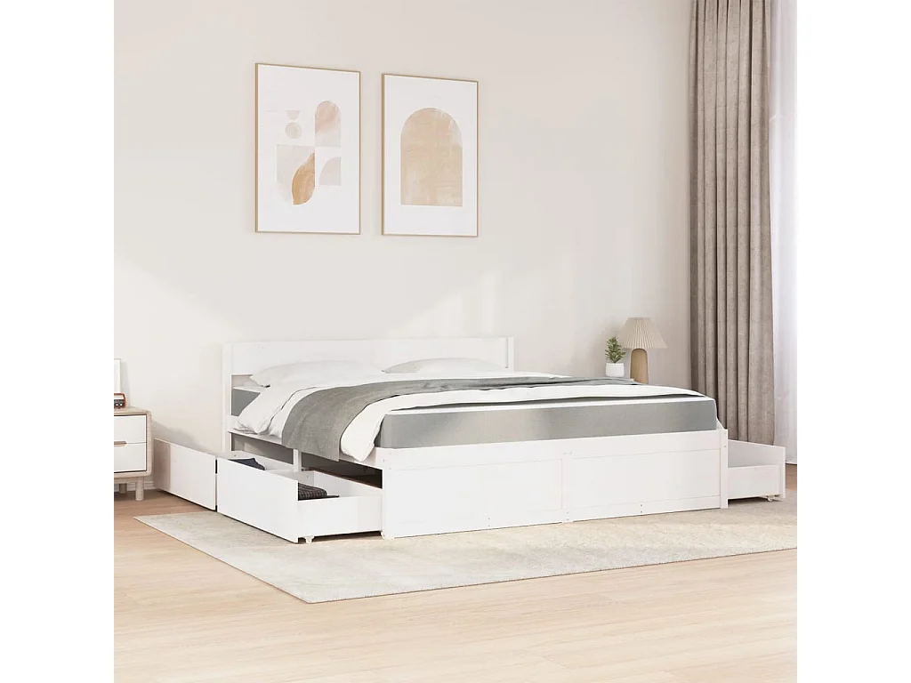 Letto Cassetti e Materasso Bianco 180x200cm Legno Massello Pino