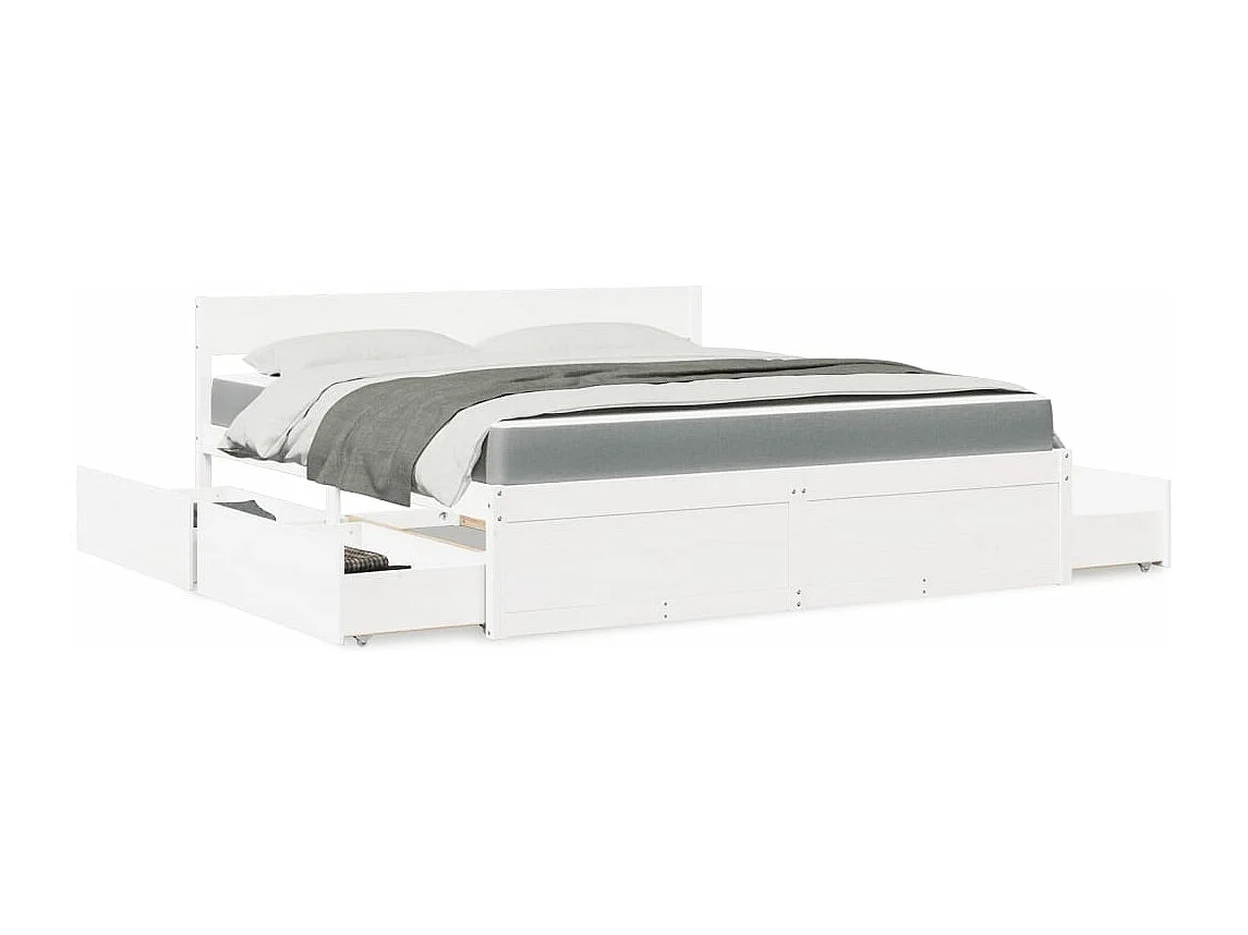 Letto Cassetti e Materasso Bianco 180x200cm Legno Massello Pino