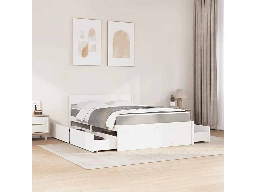 Letto Cassetti e Materasso Bianco 120x190cm Legno Massello Pino