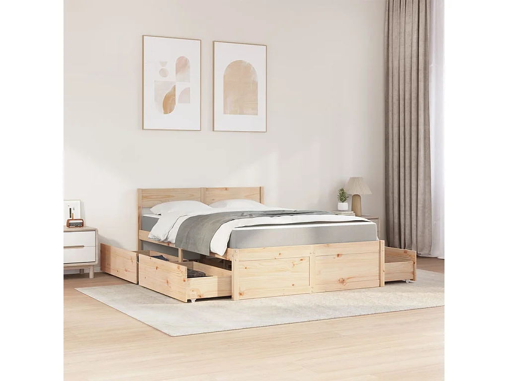 Lit avec tiroirs et matelas 140x190 cm bois massif de pin