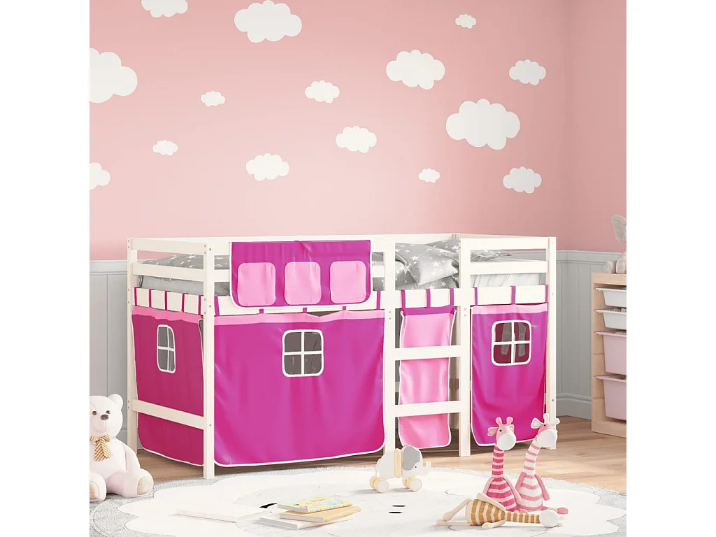 Cama alta p/ criança c/ cortinas 90x200 cm pinho maciço rosa