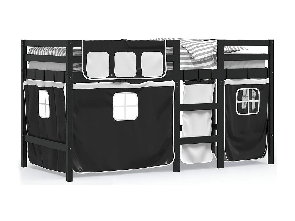 Letto a Soppalco con Tende Bambini Bianco e Nero 90x200 cm Pino