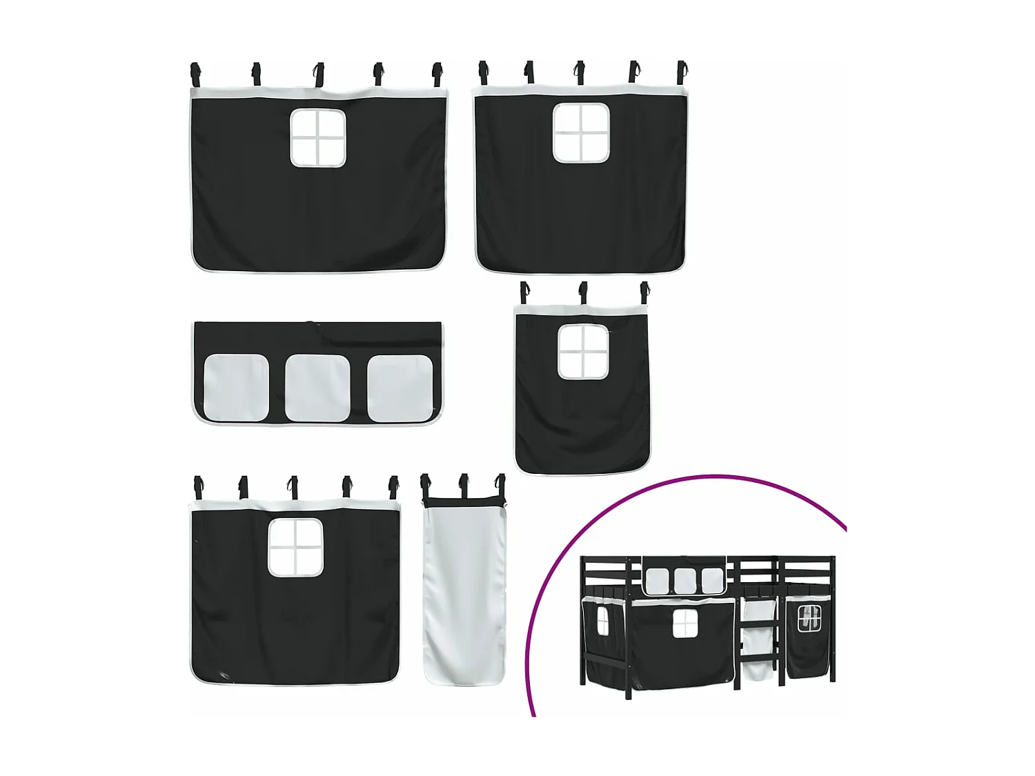 Letto a Soppalco con Tende Bambini Bianco e Nero 90x200 cm Pino