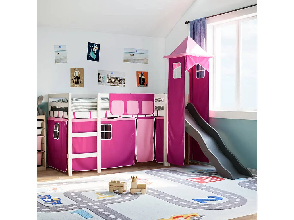 Cama alta para criança com torre 80x200 cm pinho maciço rosa