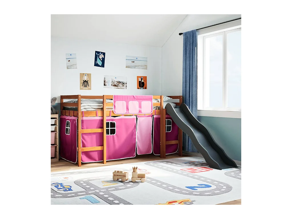 Lit mezzanine enfants et rideaux rose 80x200cm bois pin massif