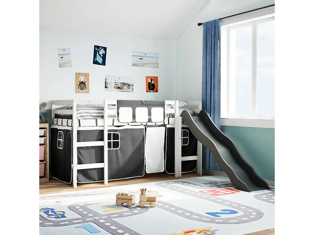 Lit mezzanine enfants et rideaux blanc/noir 90x200cm pin massif