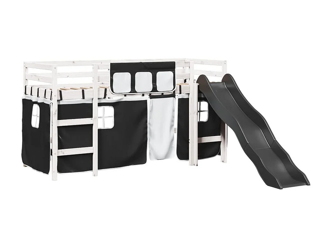 Lit mezzanine enfants et rideaux blanc/noir 90x200cm pin massif