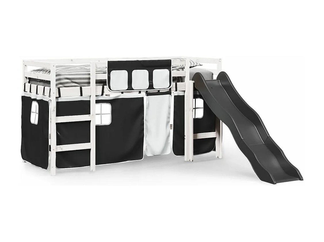 Lit mezzanine enfants et rideaux blanc/noir 90x200cm pin massif