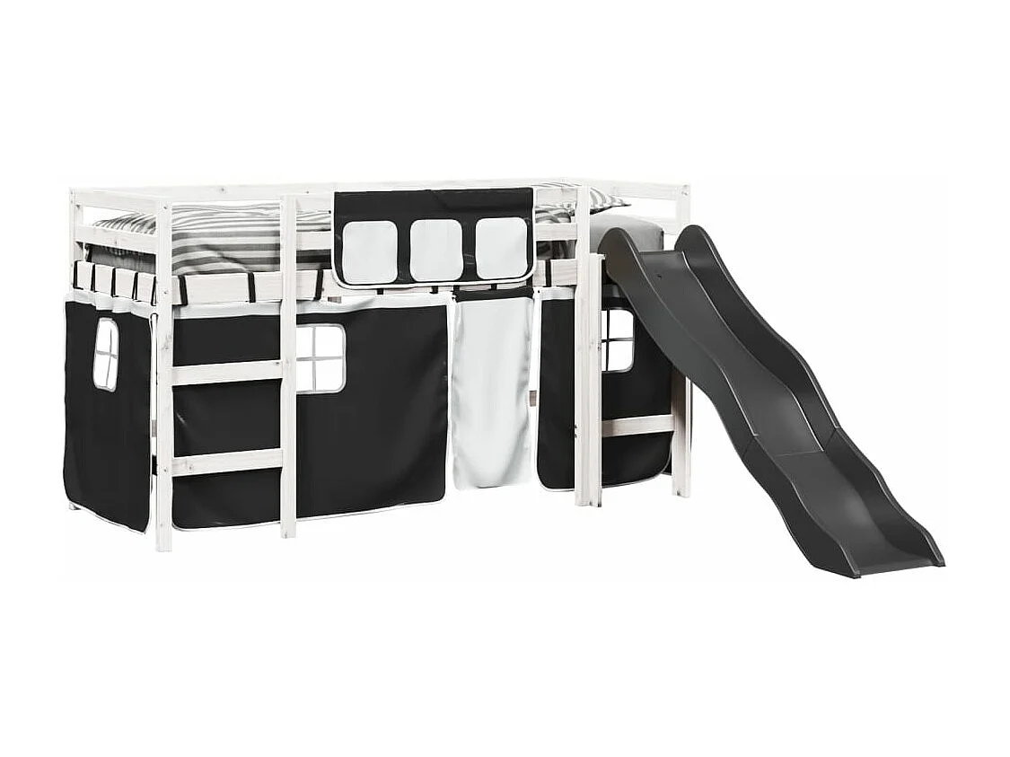 Lit mezzanine enfants et rideaux blanc/noir 90x200cm pin massif